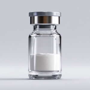 Clear glass research vial with white lyophilized peptide powder