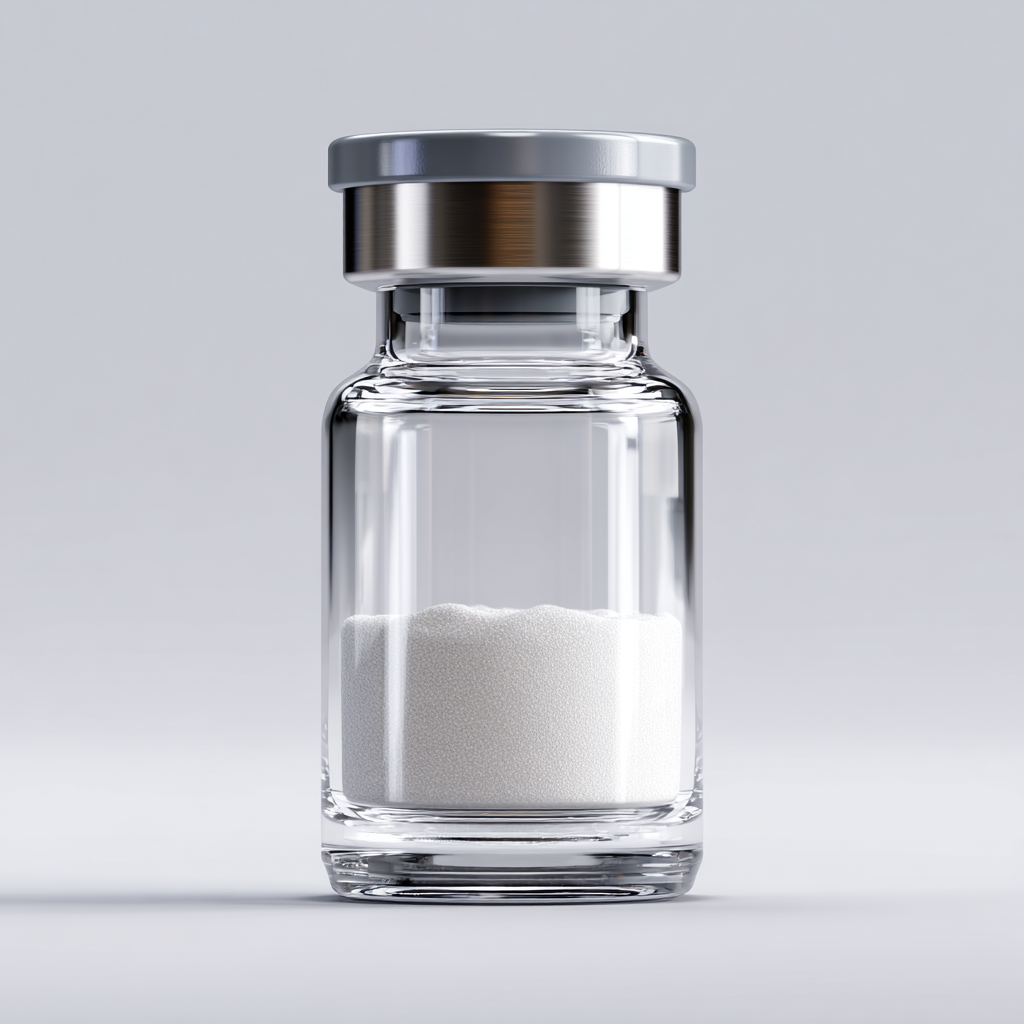 Clear glass research vial with white lyophilized peptide powder